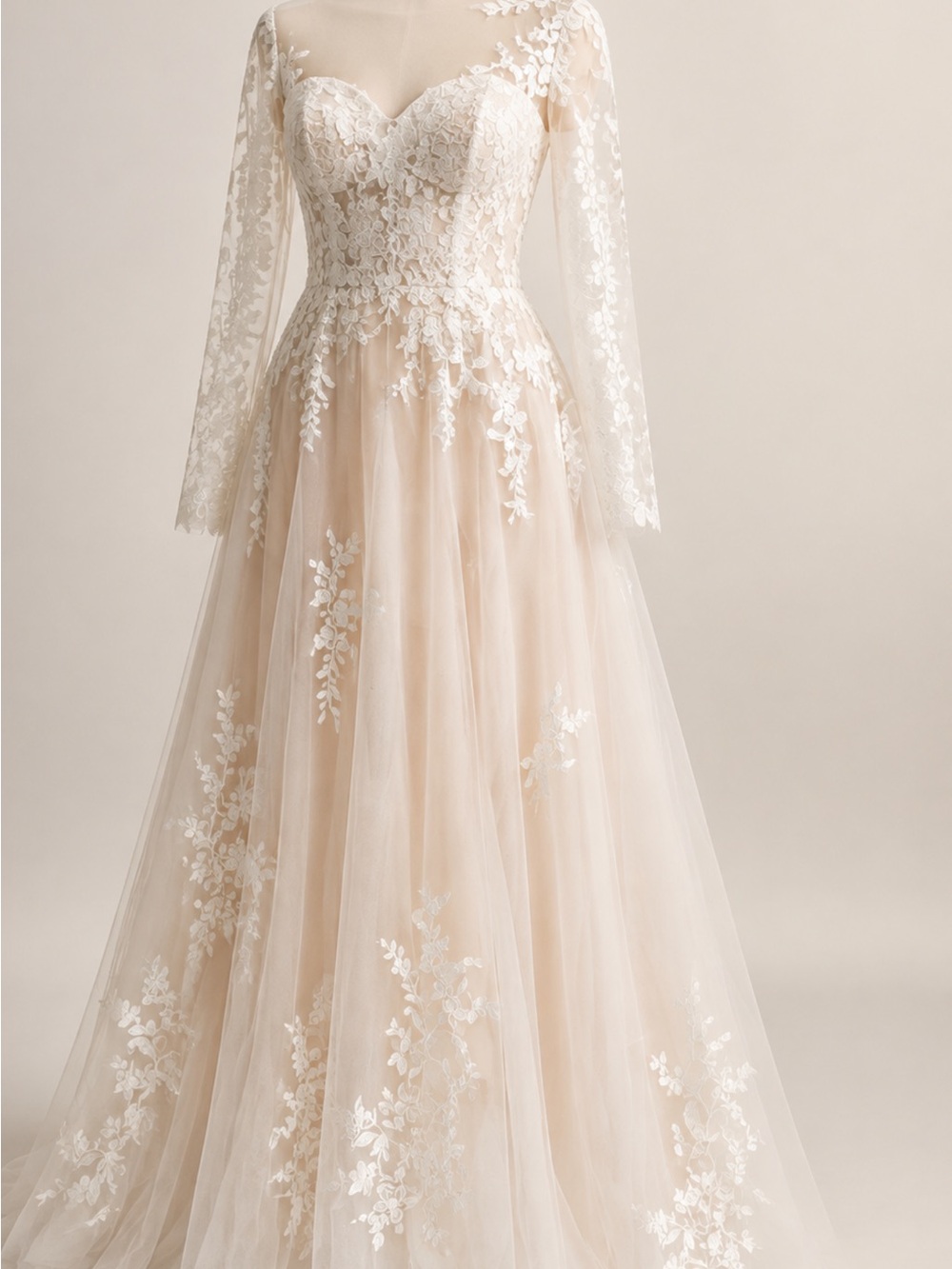 Long-Sleeve Lace A-Line Bridal Gown in Blush